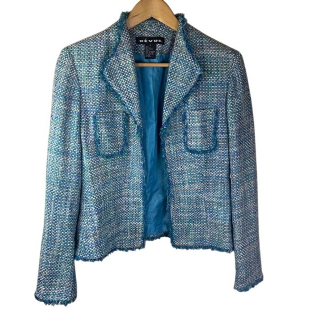 Revue Boucle Fringed Silk Tweed Womens Blazer Preppy Size 6 Turquoise Office Y2K